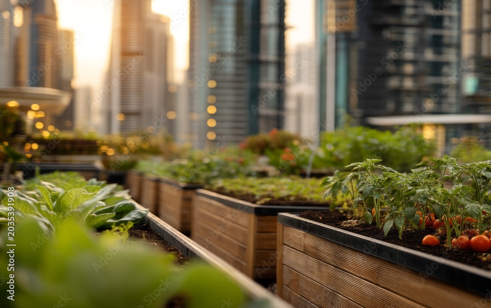 Fototapeta premium Sustainable Urban Rooftop Garden Scene Showcasing City Farming in a Modern Environment
