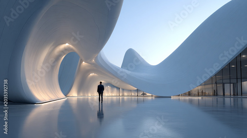 futuristic parametric architecture museum with flowing organic curves and smooth white surfaces, dramatic fluid geometry inspired by futuristic design