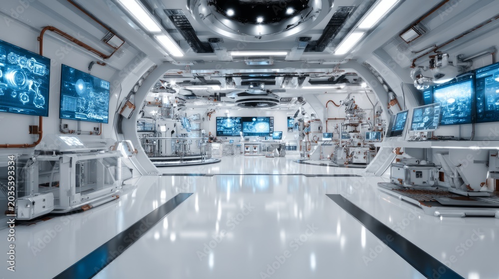 Obraz premium Futuristic Aerospace Mission Control Center with High-Tech Screens and Sleek Design for Operations and Monitoring
