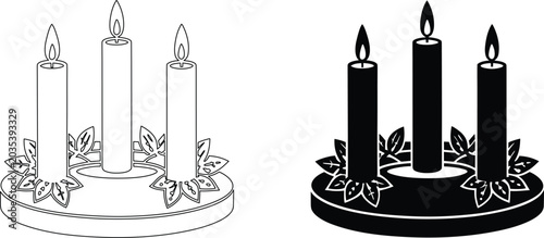 Cuadro en lienzo Three advent candles on circular wreath base with holly leaves line art and solid silhouette