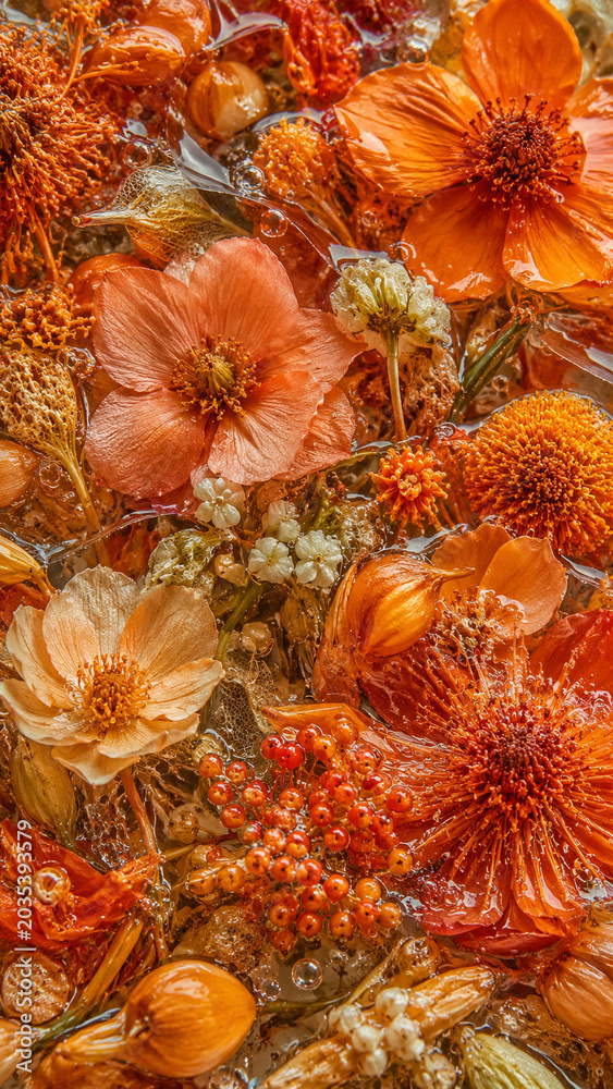 Fototapeta premium ハーバリウムの花が詰められた綺麗な一枚 Colorful preserved flowers in glass herbarium bottle close up