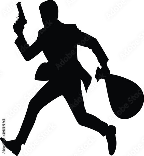 Foto Black silhouette of a man running with a gun and money bag vector illustration E
