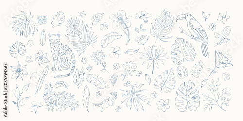 Foto Tropical Flora And Fauna Line Art Pattern Blue Tones