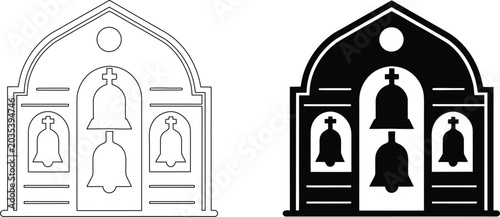 Bild auf Leinwand Church bell tower architecture icon set with outline and silhouette versions for graphics