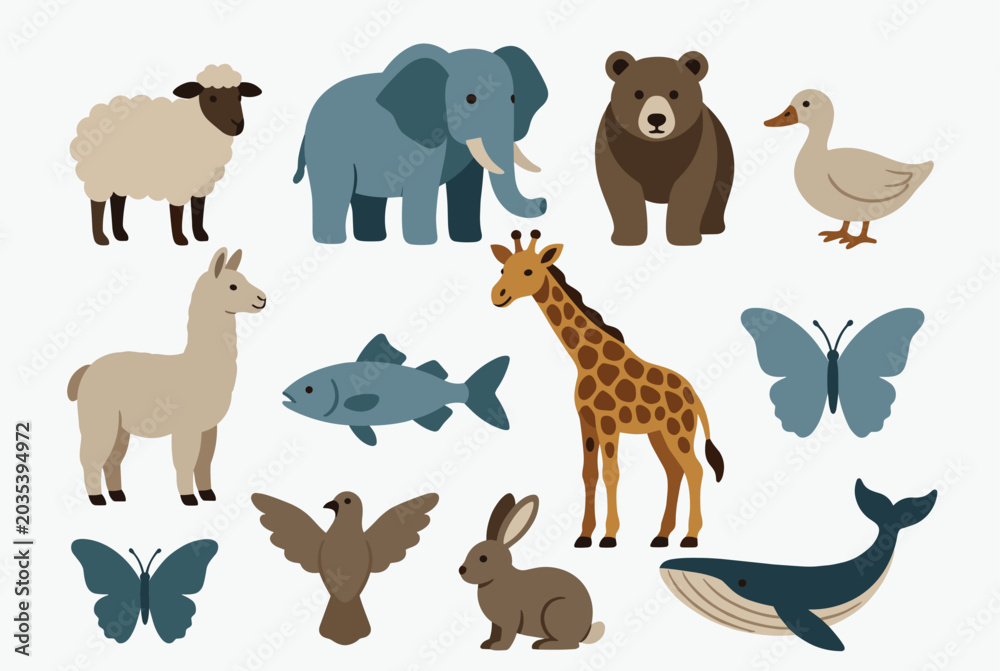 Fototapeta premium Various cute animal characters including an elephant, giraffe, bear, whale, and others on a clean light background.