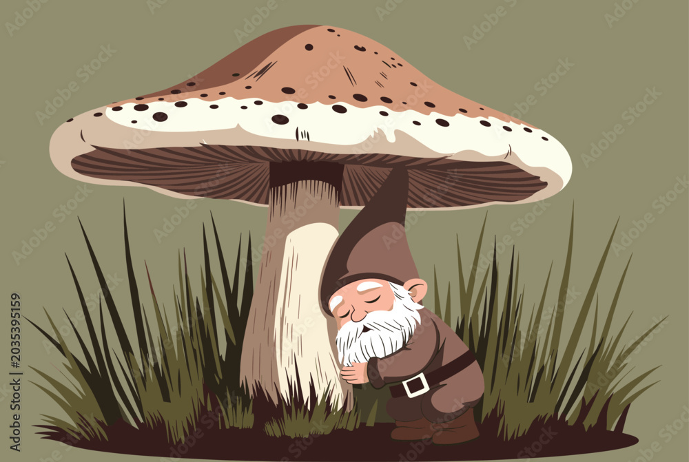 Naklejka premium Mythical gnome character sleeping peacefully leaning against the stem of a giant forest mushroom among tall grass.