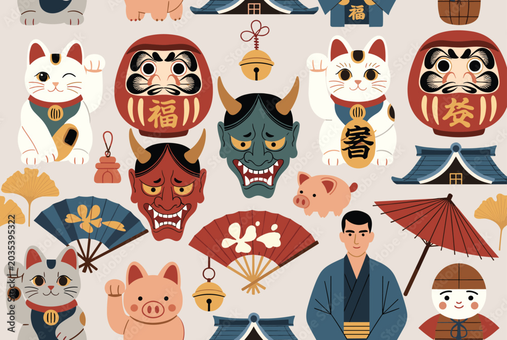 Fototapeta premium Seamless pattern with Japanese cultural symbols like lucky cats, daruma dolls, fans, oni masks, and golden bells.
