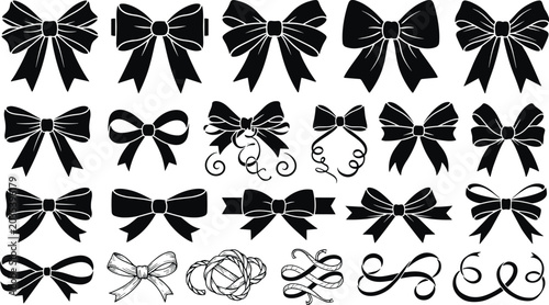 Black Ribbon Bow Silhouette Icon Set with Elegant Gift Wrapping Ties Festive Knots Curly Streamers and Decorative Flourishes for Greeting Card Designs
