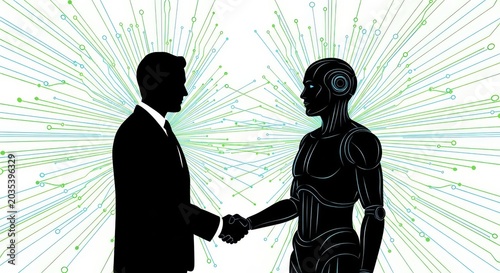Human and robot shaking hands with circuit lines in the background