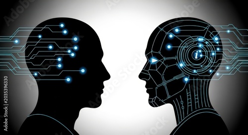 Human versus artificial intelligence concept silhouette profiles with neural network connections