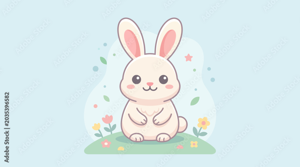 Obraz premium Cute cartoon white rabbit sitting in a field of flowers.