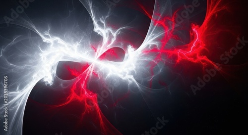 Vibrant red and white lightning like energy swirling together in a mesmerizing abstract pattern on a