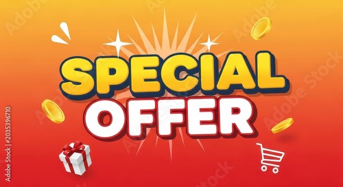 a colorful special offer sign with a shopping cart and coins flying around it on a gradient backgrou