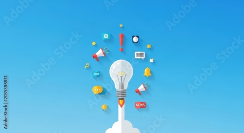 a white lightbulb with colorful objects floating around it on a blue background with a white section