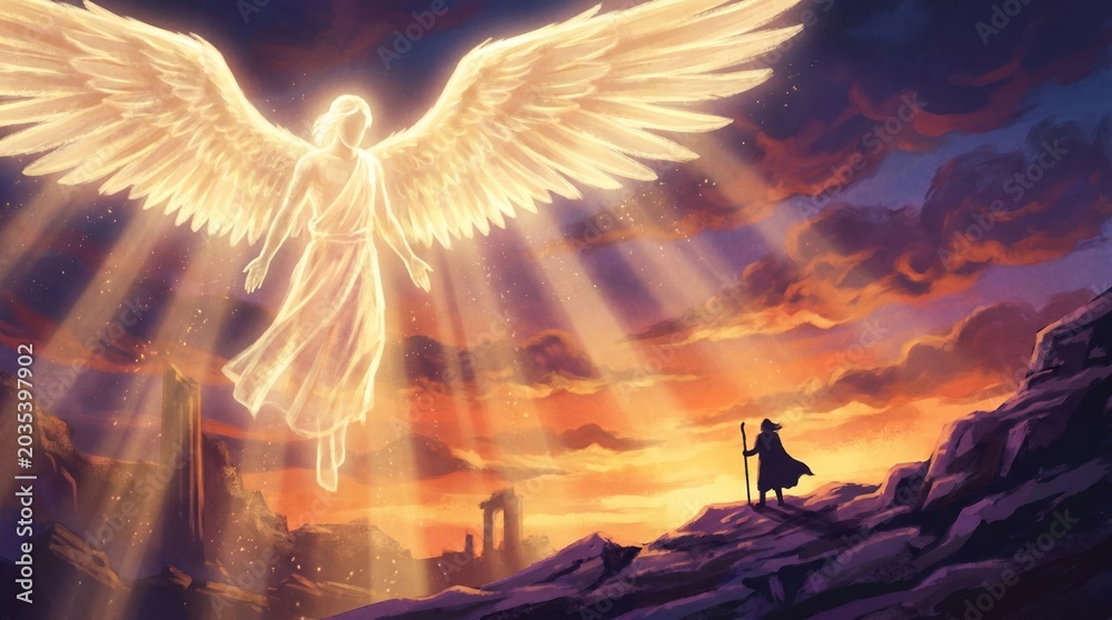 Obraz premium An angel with glowing wings descends from the sky while a figure stands on a rocky surface below. Bright rays of light shine down during sunset, creating a dramatic scene