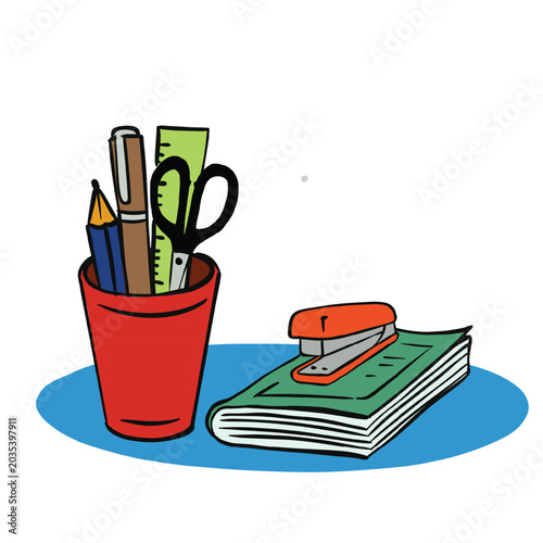 Back to School Supplies with Notebook and Stationery Cartoon Illustration
