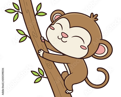 Photography A cute cartoon monkey with a happy expression is climbing a tree branch with green leaves