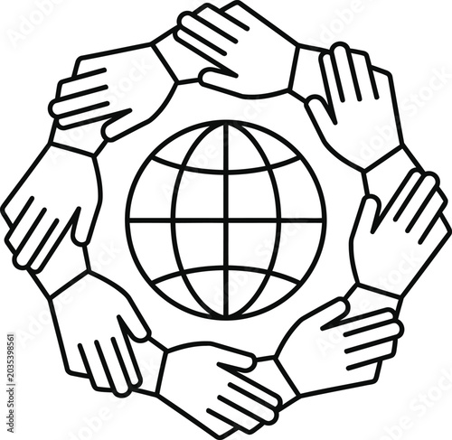 Global community hands outline icon, linear design, vector illustration for web.