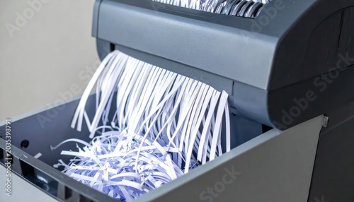 Black Paper Shredder Cutting White Documents in Office Waste Bin