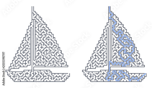 Maze puzzle in shape of sail boat with blue solution line. Vector labyrinth game for print. Entertainment and leisure activities for kids and adults, vacation and travel