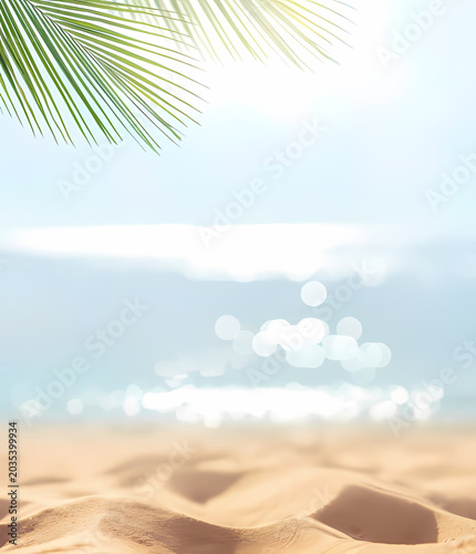 Desert beach with palm trees and ocean at sunset tropical paradise landscape