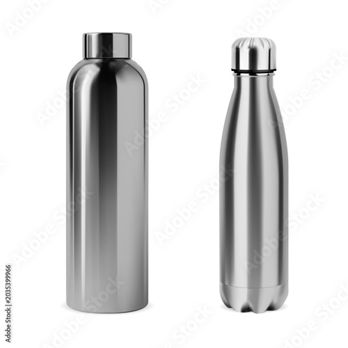 Two stainless steel insulated water bottles on white background. Left bottle has cylindrical shape with dark screw cap, right one features cola bottle silhouette with ribbed silver lid and black seal 
