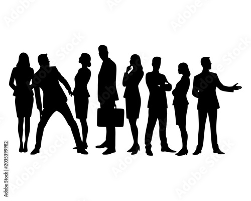 Set of black vector silhouettes of business men and women standing in group. Corporate people collection isolated on white. Office team flat icons for design