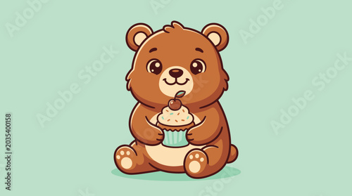Cute cartoon bear holding a delicious cupcake dessert.
