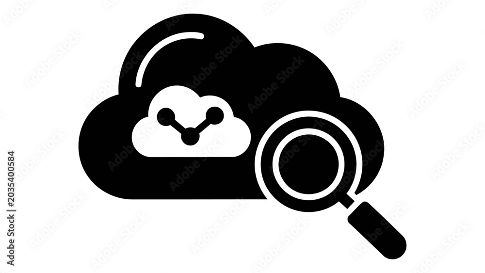 Fototapeta premium Cloud search icon, vector illustration of a cloud with a magnifying glass symbol for data analysis and cloud computing c