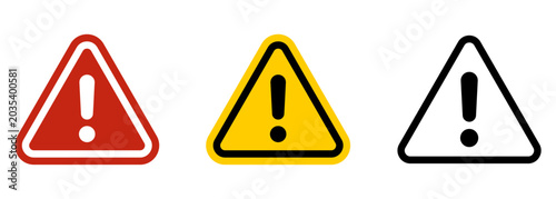 Warning triangle icon set illustration, red yellow and black exclamation caution signs for hazard alert, safety notice, risk prevention, emergency symbol and public health design