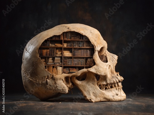 Skull with bookshelf inside, symbolizing knowledge