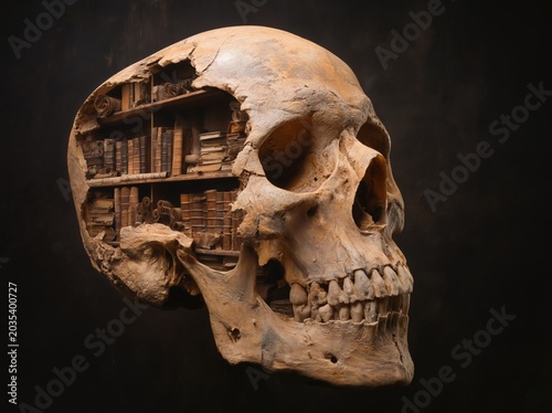 Human skull revealing an internal library of old books