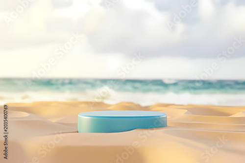 Sunscreen lotion and towel on a sunny beach with sea, sand, waves and blue sky