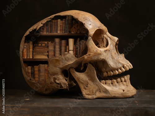 Ancient skull revealing shelves of antique books inside