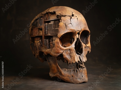 Skull revealing library of old books and scrolls