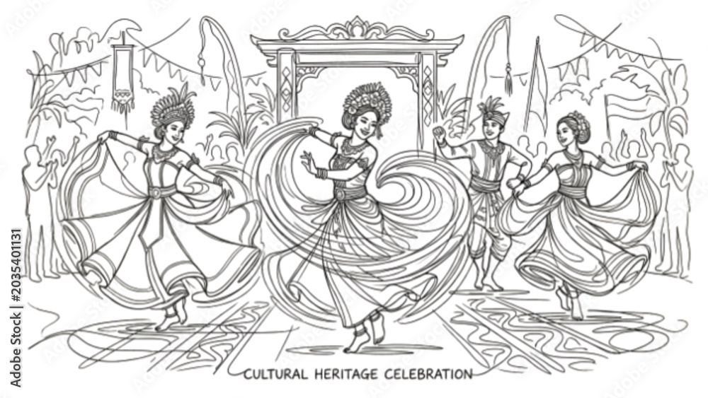 Obraz premium Traditional Dancers One Line Drawing – Cultural Ceremony Spinning Dance Motion Abstract Line Art