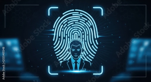 Biometric authentication and customer support concept with glowing blue fingerprint and call center agent