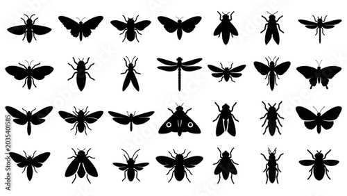 Flying Insects Silhouette Vector Icon Sheet, Minimalist Black Winged Bug Graphic Elements Isolated on White Background