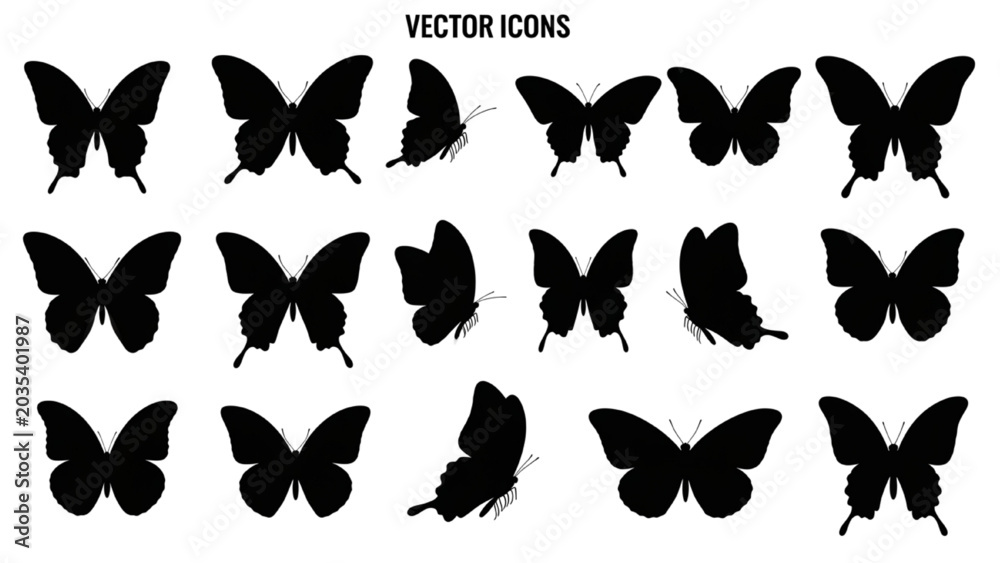 Obraz premium Butterflies Lepidoptera Wing Shapes Silhouette Vector Icon Sheet, Minimalist Black Bug Graphic Elements Isolated on White