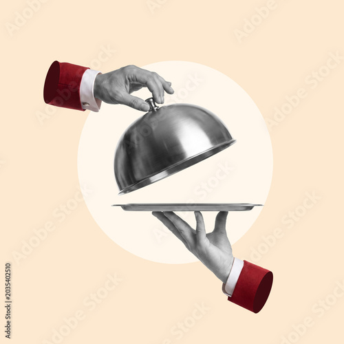Foto tray, serving dish, waiter, gourmet, hand, service, holding, restaurant, domed t