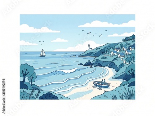 Hand-Drawn Illustration of a Peaceful Ocean or Coastal Landscape