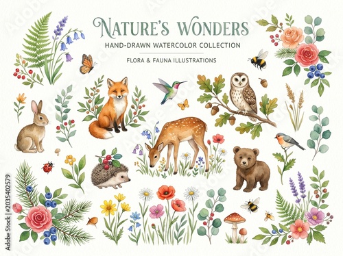 Hand-Drawn Watercolor Set of Animals and Plants Nature Collection