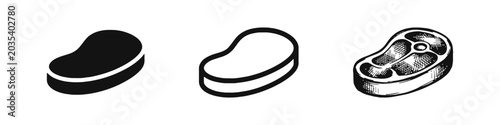 Foto Raw meat steak icons set in flat, line art and detailed sketch styles