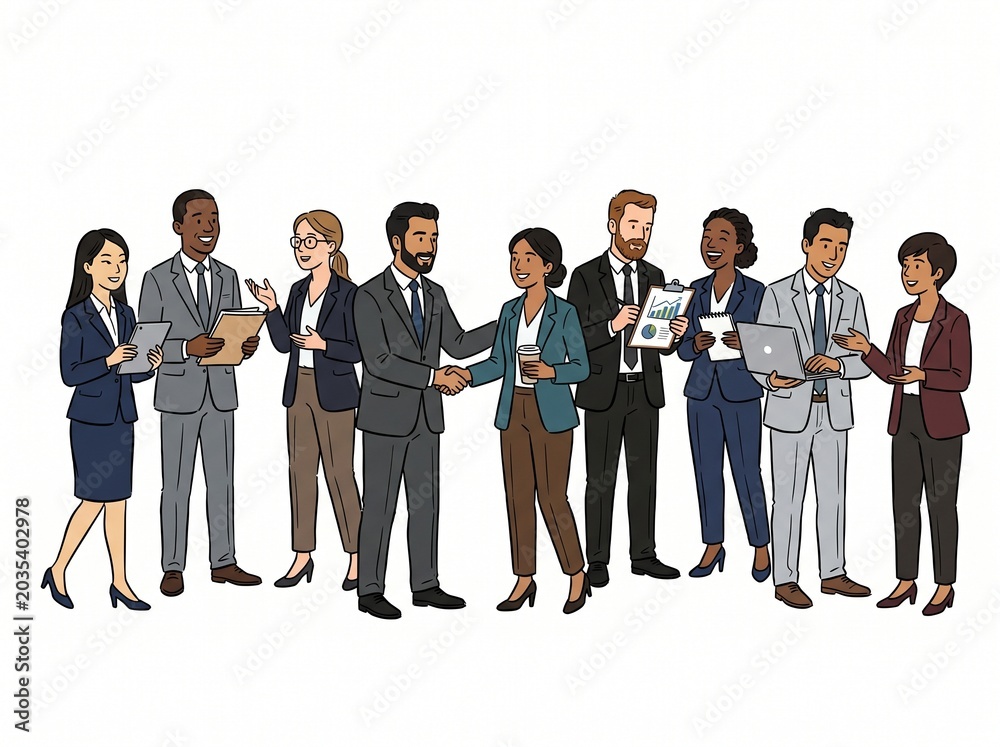 Obraz premium Hand-Drawn Illustration of Business People in Suits Diverse Team