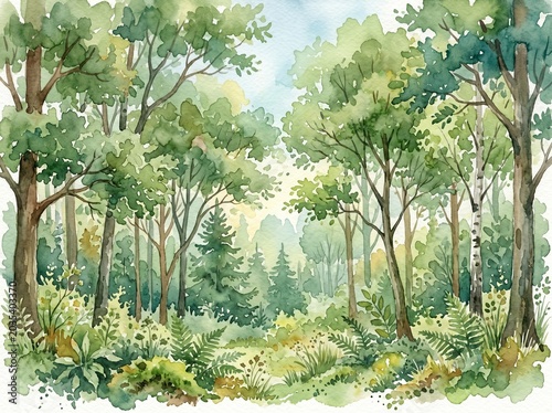 Lush Green Forest Watercolor Illustration Background Art