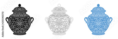 Obraz na płótnie Vintage chinese porcelain teapot and cups illustration isolated on transparent b