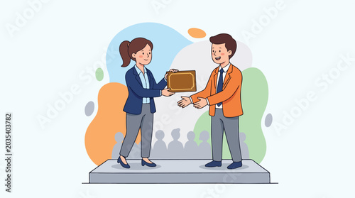 Illustration of a businesswoman and businessman exchanging a briefcase on a platform with colorful abstract shapes.