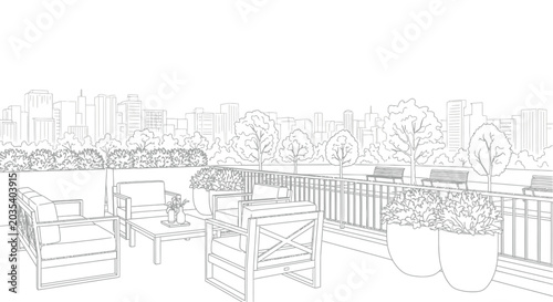 Foto Rooftop terrace with city skyline view line art illustration