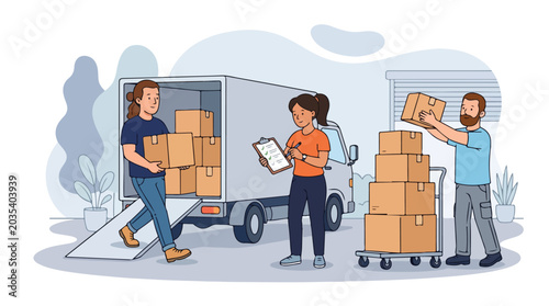 Three people unloading boxes from a moving truck with a clipboard and hand truck