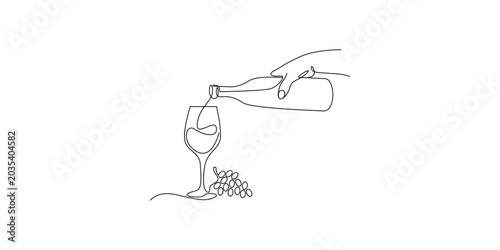 Foto Continuous Line Art of Wine Being Poured into Glass with Hand and Grapes vector